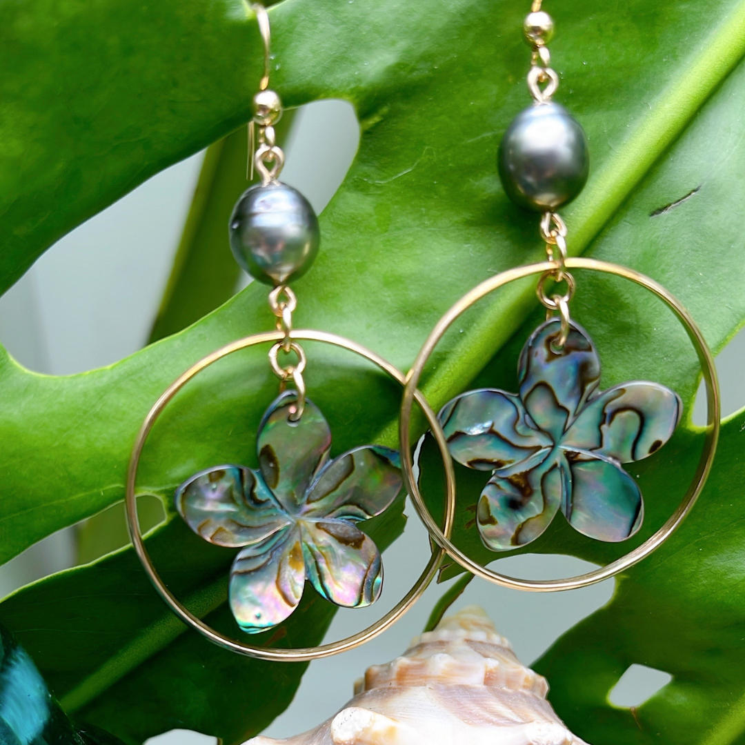 New Zealand Paua Tiare with Tahitian Pearl Hoop Earrings - 2" 14K Gold Filled or .925 Sterling Silver