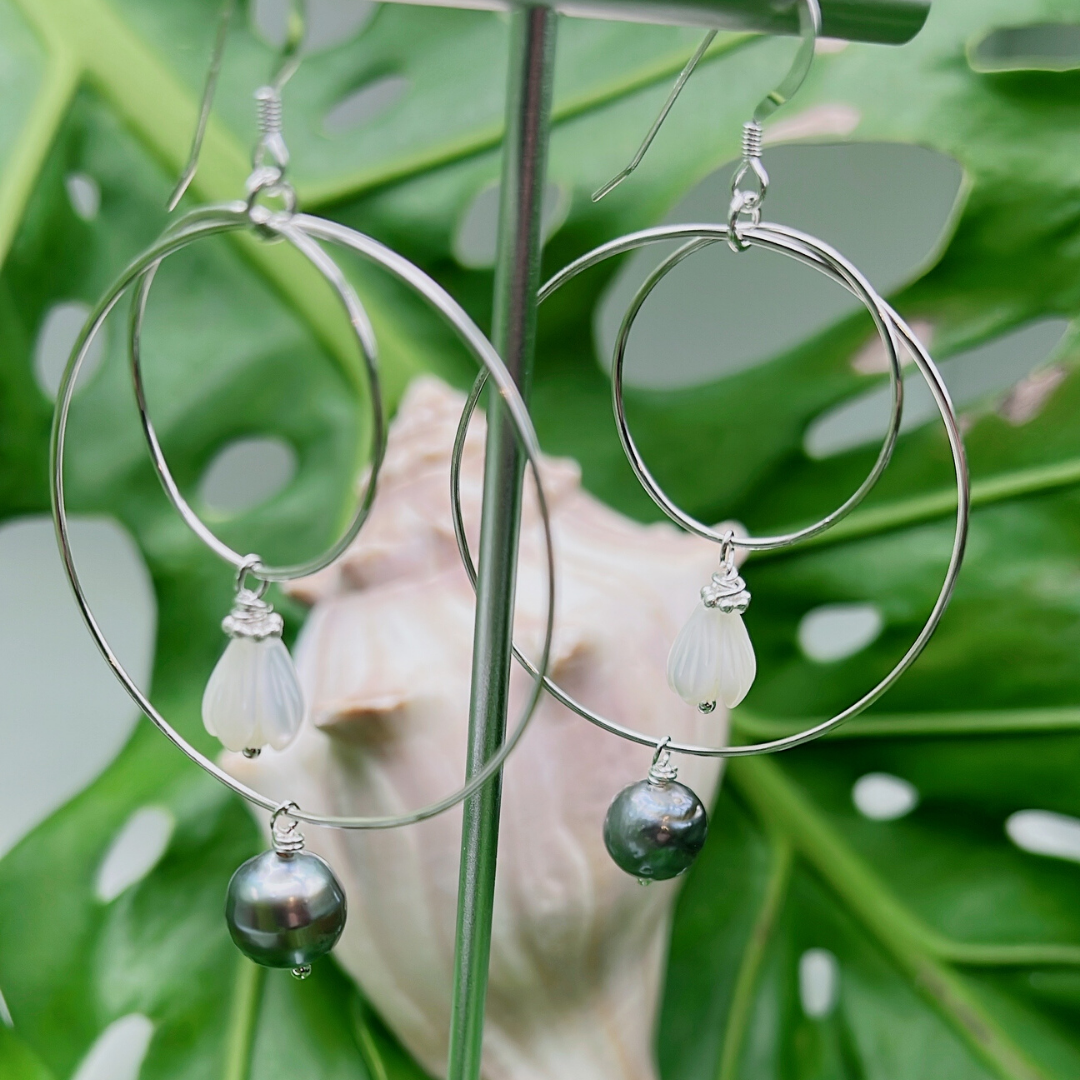 Double Hoops adorned with Pikake MOP and Tahitian Pearls