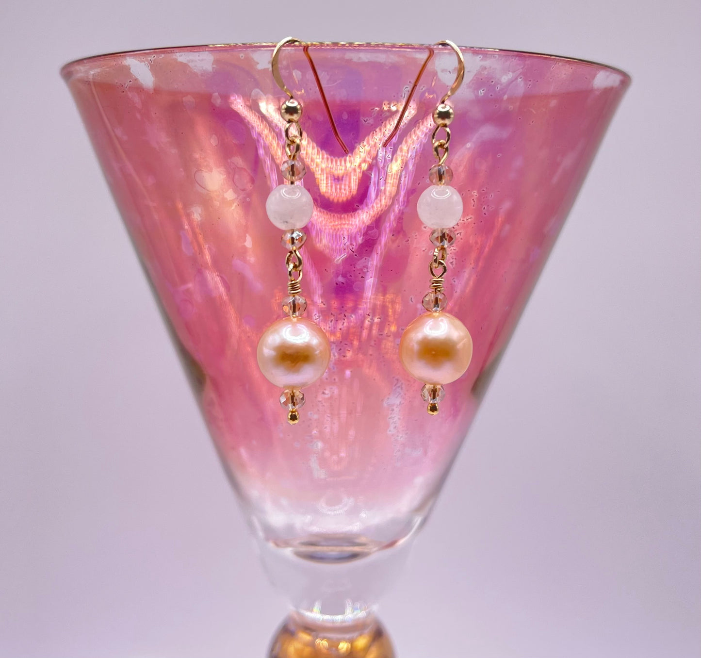 Moon Stone and Pink Crystal Drop Earrings with Pink Edison Pearls