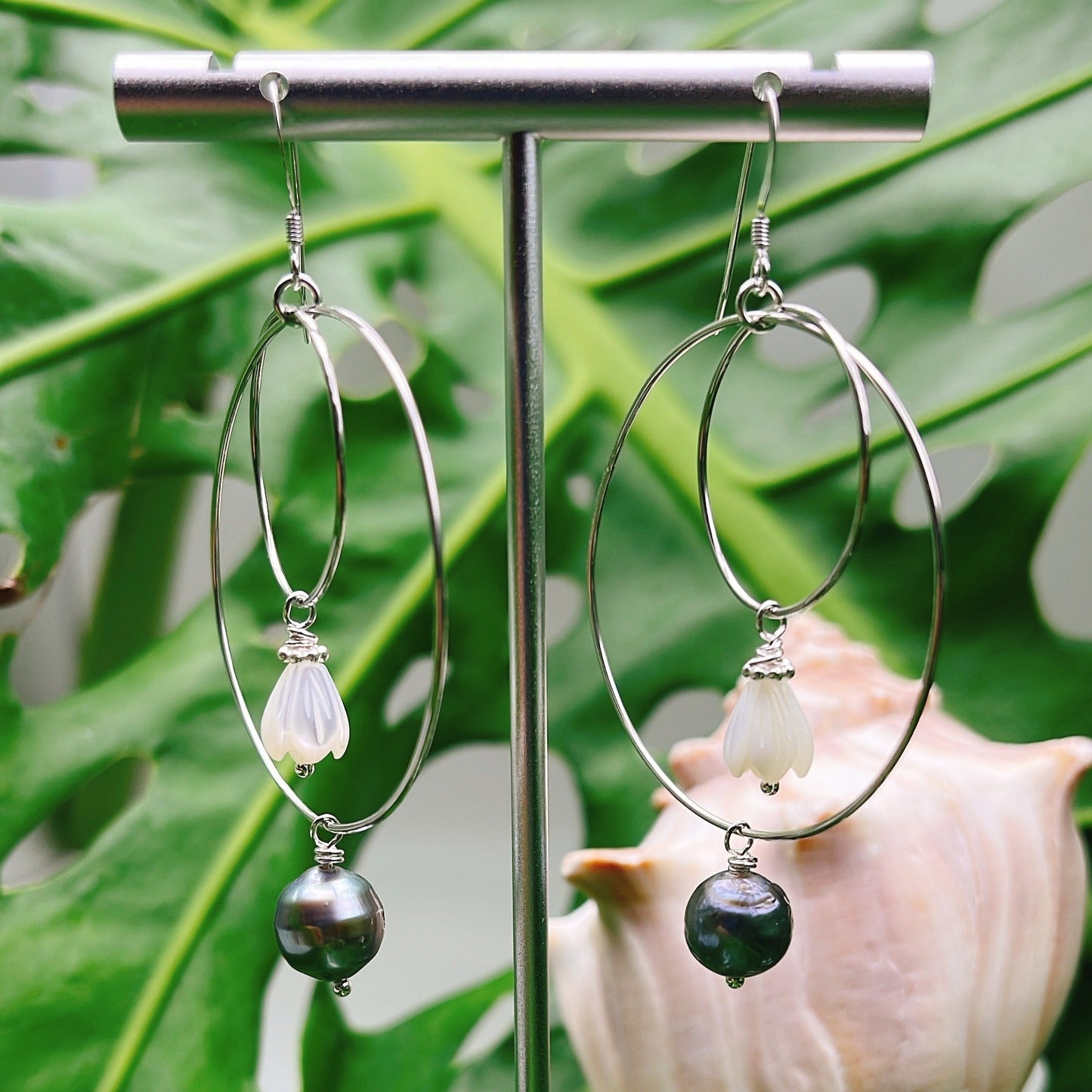 Double Hoops adorned with Pikake MOP and Tahitian Pearls