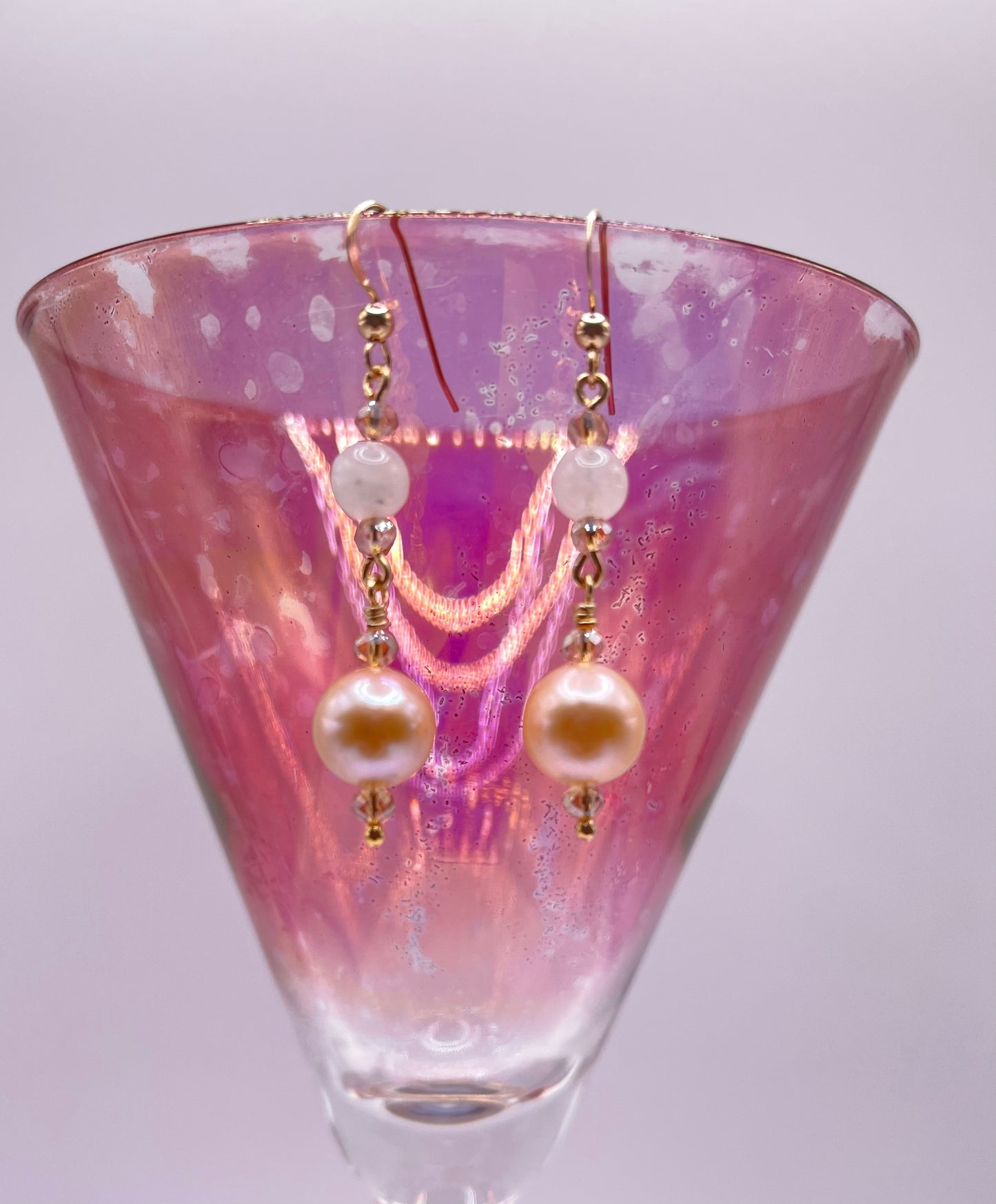 Moon Stone and Pink Crystal Drop Earrings with Pink Edison Pearls